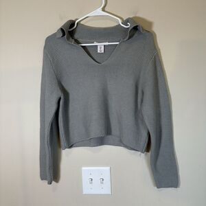 Sincerely Jules Knit Collared Gray V Neck Crop Sweater Sz Small long‎ sleeve